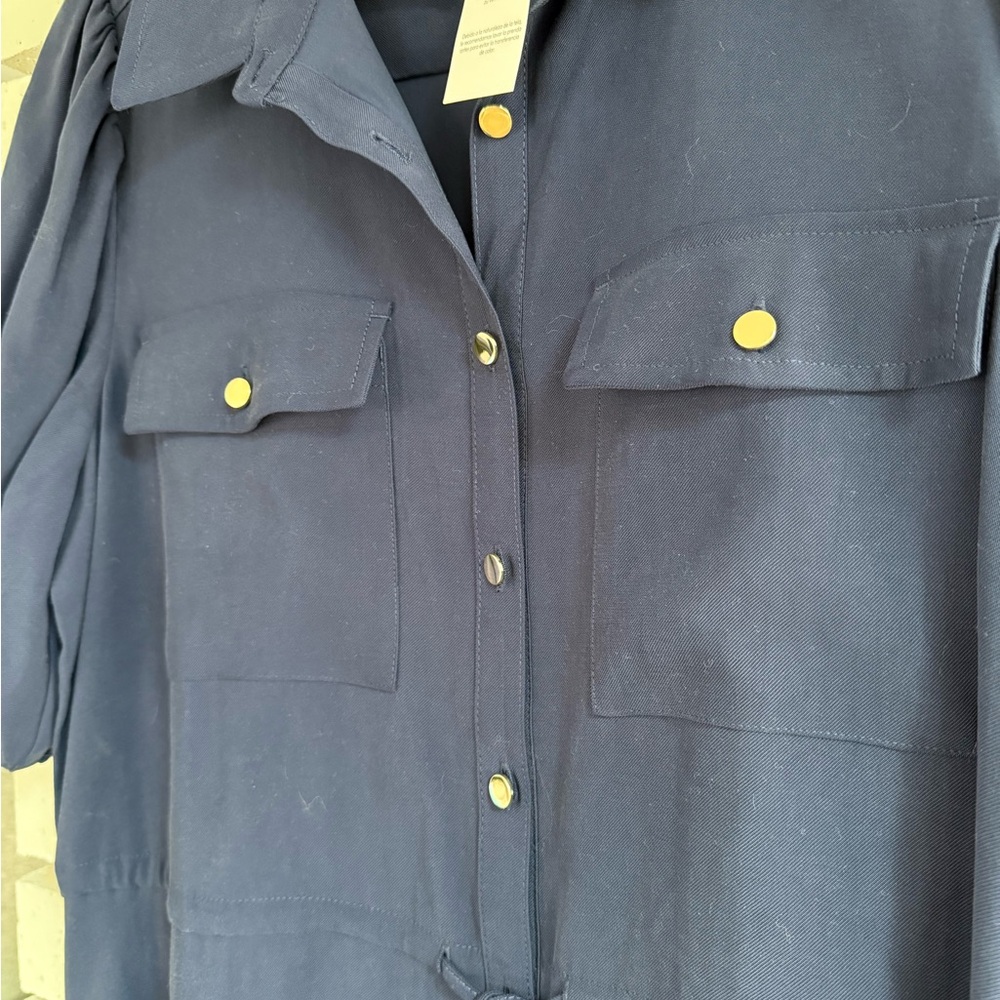 NWT Lands’ End Navy Button Front Midi Dress‎ Tie Waist Puff Sleeve Classic - Picture 3 of 13